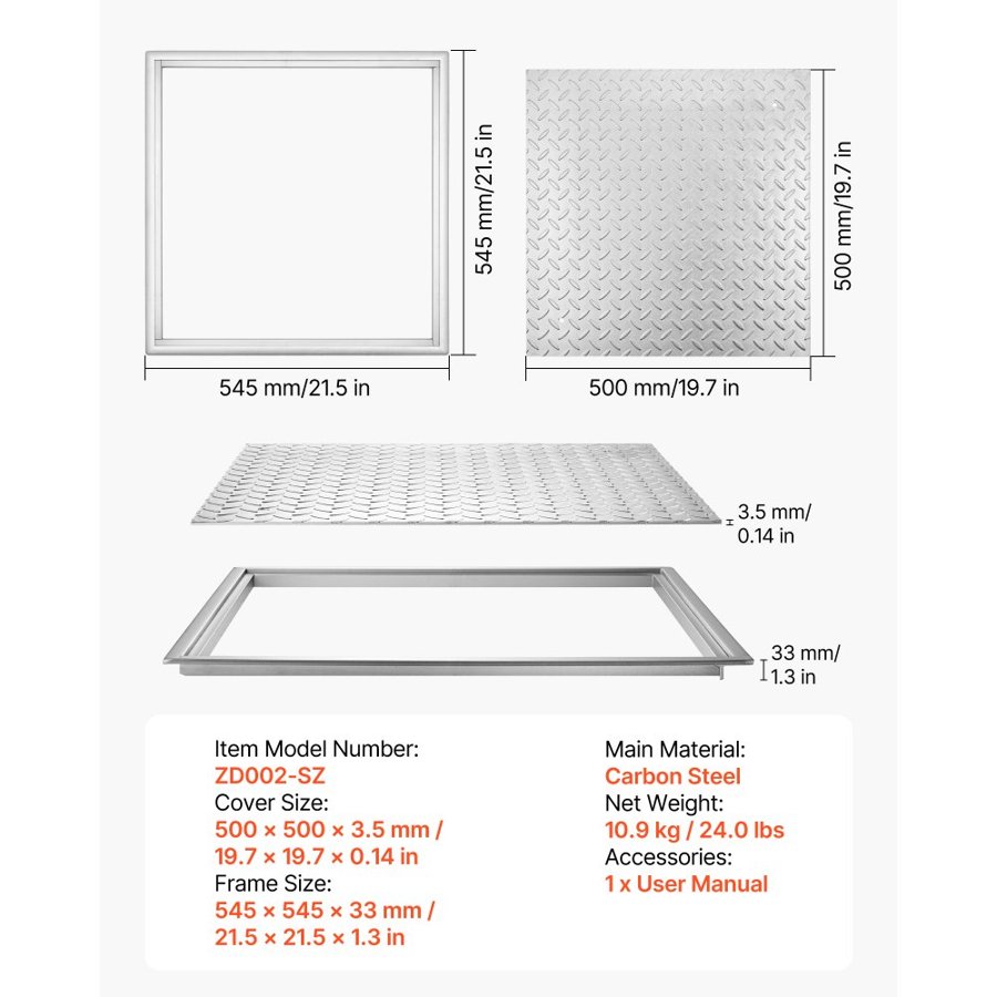 VEVOR Manhole Cover with Frame, 500 x 500mm Square Septic Tank Lid with Base, Heavy-Duty Slip-Resistant Carbon Steel Drain Channel Inspection Access Cover for Pavements Gardens