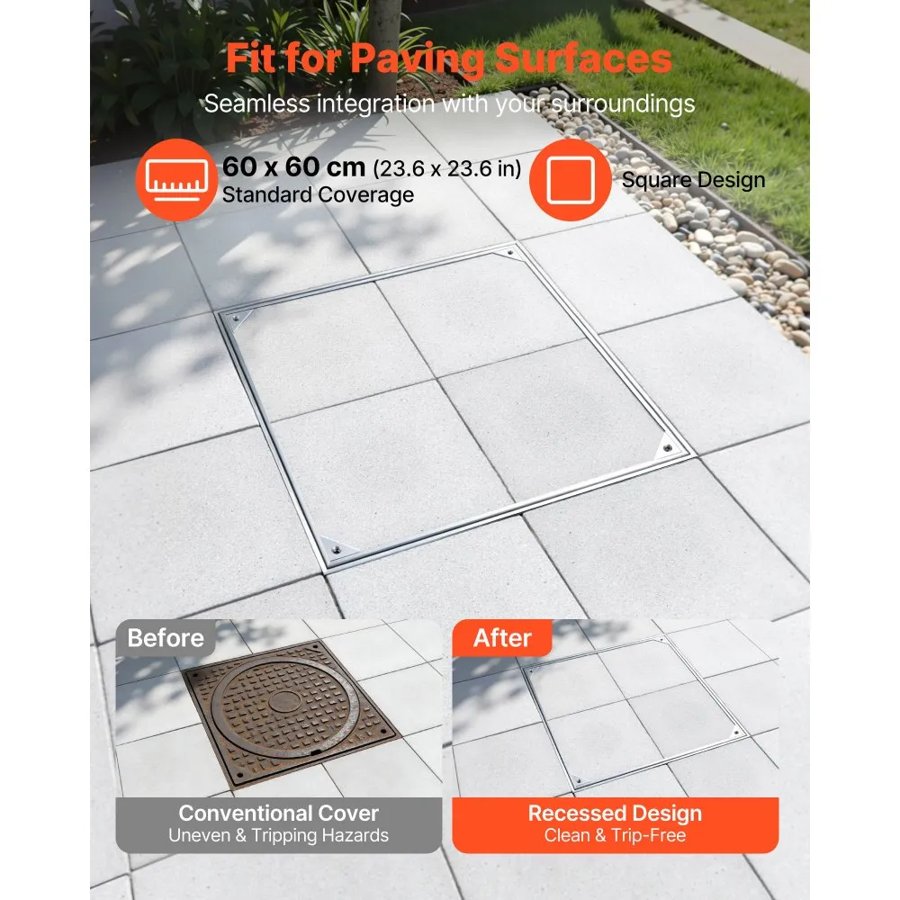 VEVOR Manhole Cover with Frame, 600 x 600mm Invisible Recessed Septic Tank Access Covers, Aluminum Alloy Embedded Drain Channel Inspection Cover for Pavements Gardens Patios