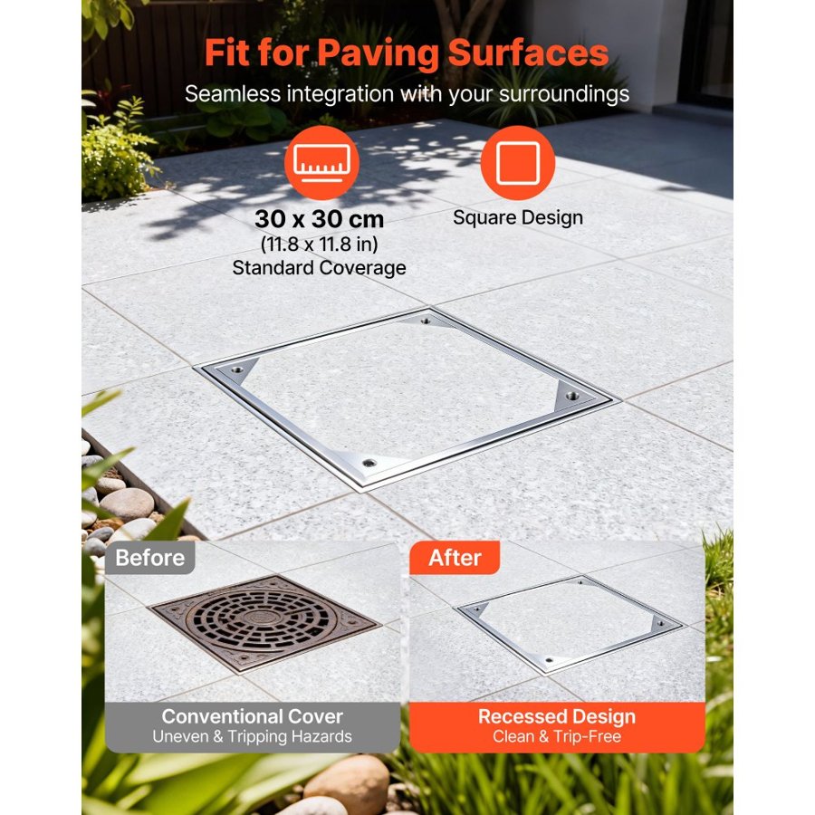 VEVOR Manhole Cover with Frame, 300 x 300mm Invisible Recessed Septic Tank Access Covers, Aluminum Alloy Embedded Drain Channel Inspection Cover for Pavements Gardens Patios
