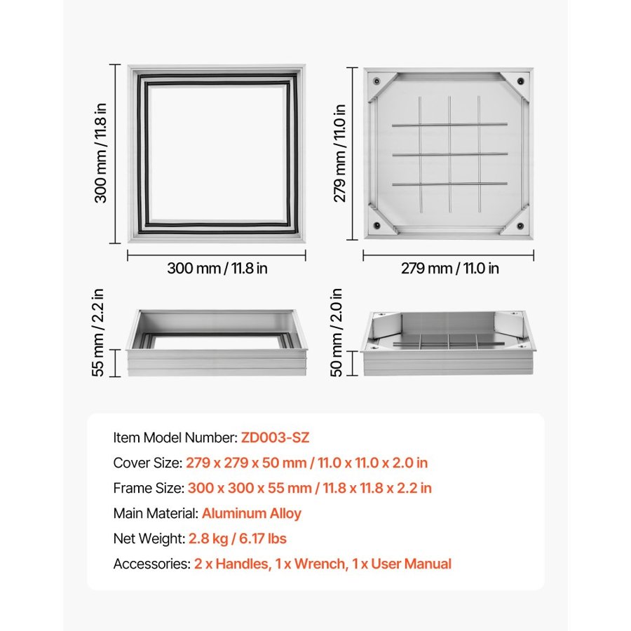 VEVOR Manhole Cover with Frame, 300 x 300mm Invisible Recessed Septic Tank Access Covers, Aluminum Alloy Embedded Drain Channel Inspection Cover for Pavements Gardens Patios
