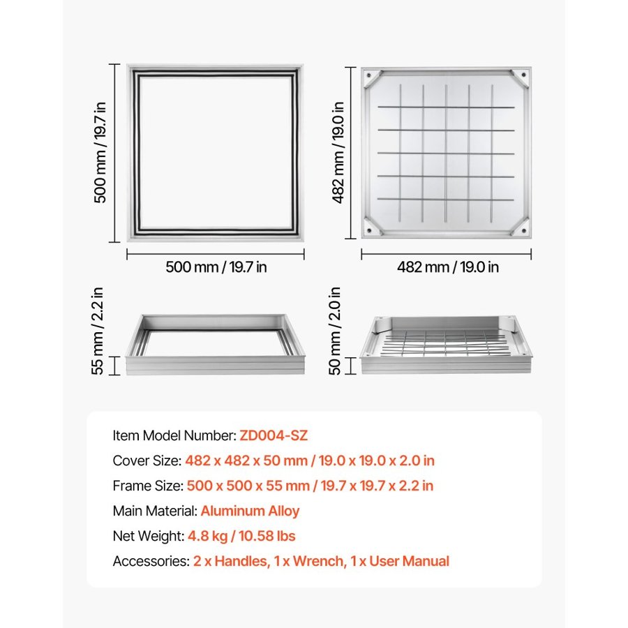 VEVOR Manhole Cover with Frame, 500 x 500mm Invisible Recessed Septic Tank Access Covers, Aluminum Alloy Embedded Drain Channel Inspection Cover for Pavements Gardens Patios