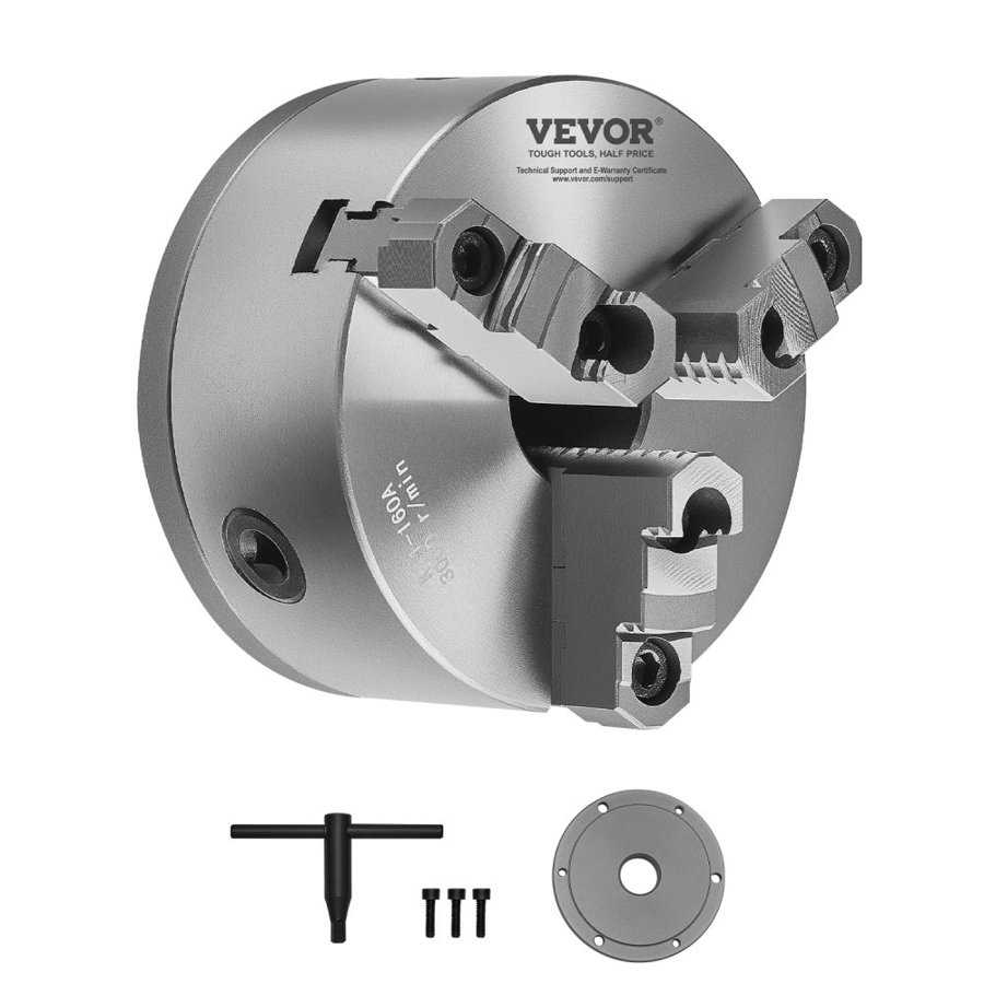 VEVOR 3-Jaw Lathe Chuck, 6 Inch (160 mm), Self-Centering Chuck with 1 1/2 in-8 Threaded Backing Plate, 0.12-5.71 in (3-145 mm) Clamping Range with T-wrench Screws, HT300 Material, for Wood Metal Lathe