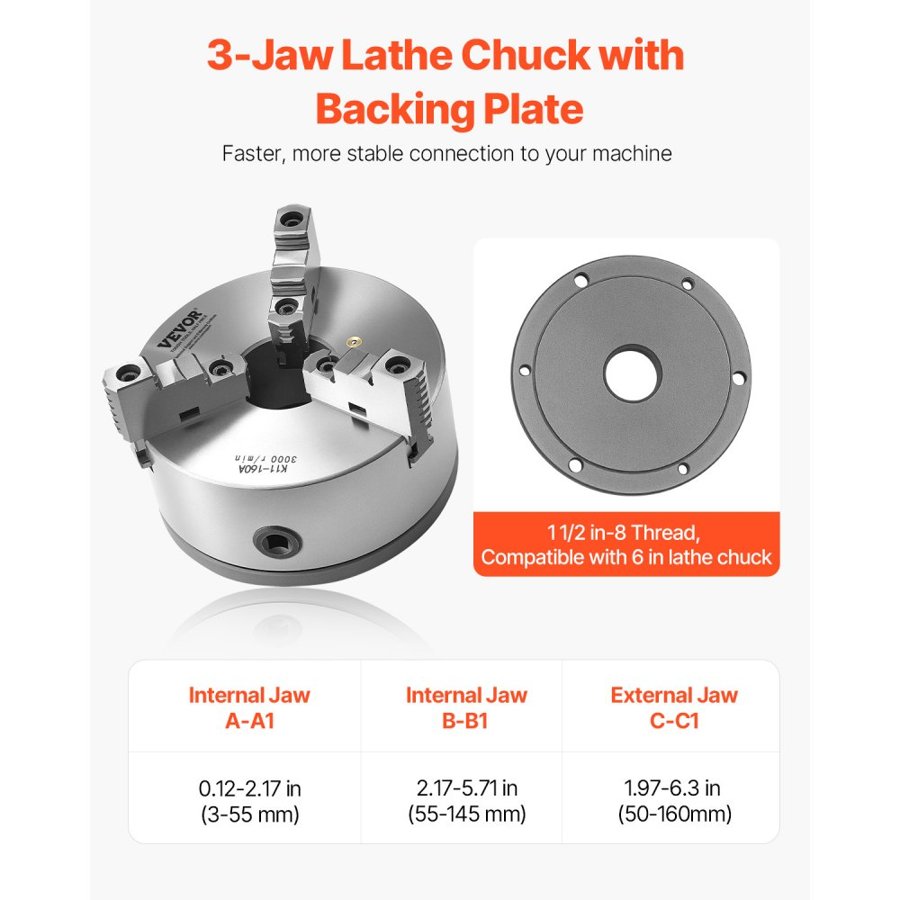 VEVOR 3-Jaw Lathe Chuck, 6 Inch (160 mm), Self-Centering Chuck with 1 1/2 in-8 Threaded Backing Plate, 0.12-5.71 in (3-145 mm) Clamping Range with T-wrench Screws, HT300 Material, for Wood Metal Lathe
