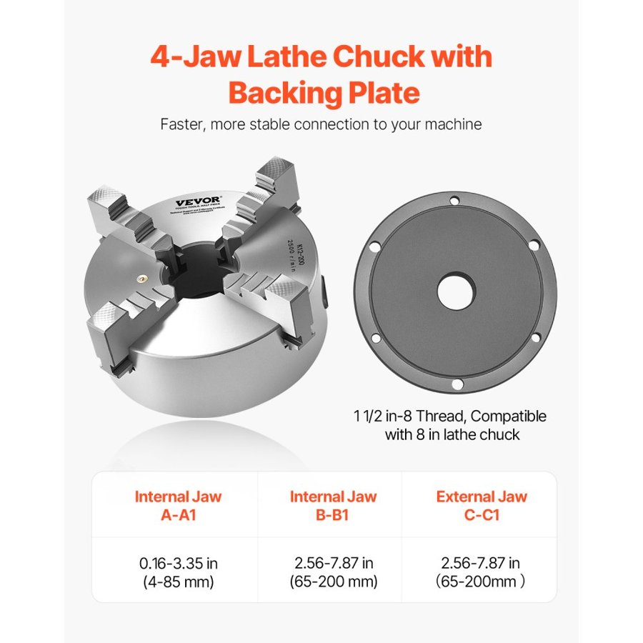 VEVOR 4 Jaw Chuck for Lathe – 8 Inch, Self-Centering