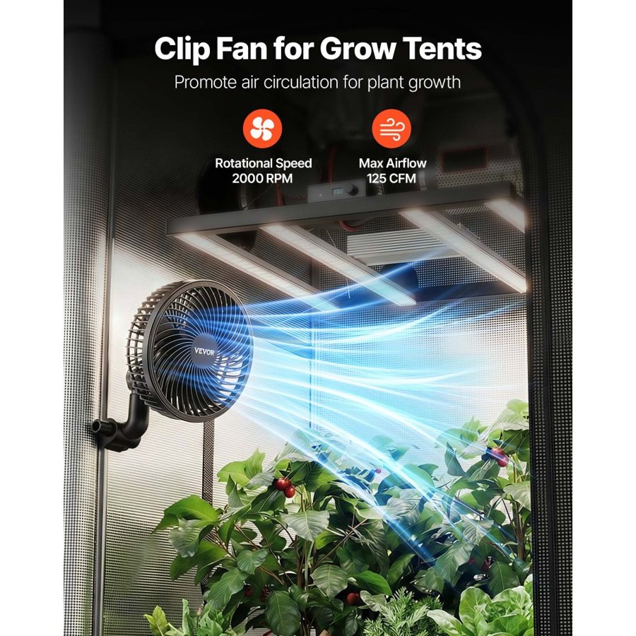 VEVOR Plant Fan, Grow Tent Clip On Fan Rechargeable, Type-C Port with 9 Speeds & Circulation Mode, Smart Control, Powerful Oscillating, Long Runtime for Hydroponics Circulation Cooling, Black, 2 Pack