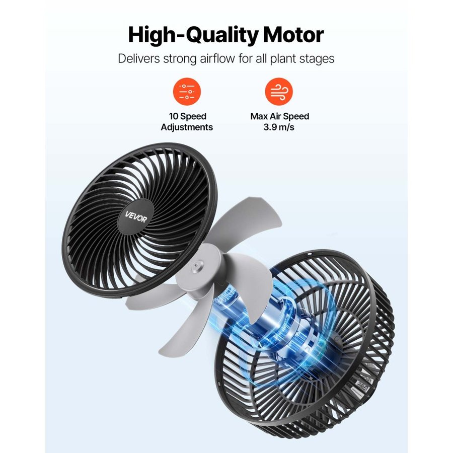 VEVOR Plant Fan, Grow Tent Clip On Fan Rechargeable, Type-C Port with 9 Speeds & Circulation Mode, Smart Control, Powerful Oscillating, Long Runtime for Hydroponics Circulation Cooling, Black, 2 Pack