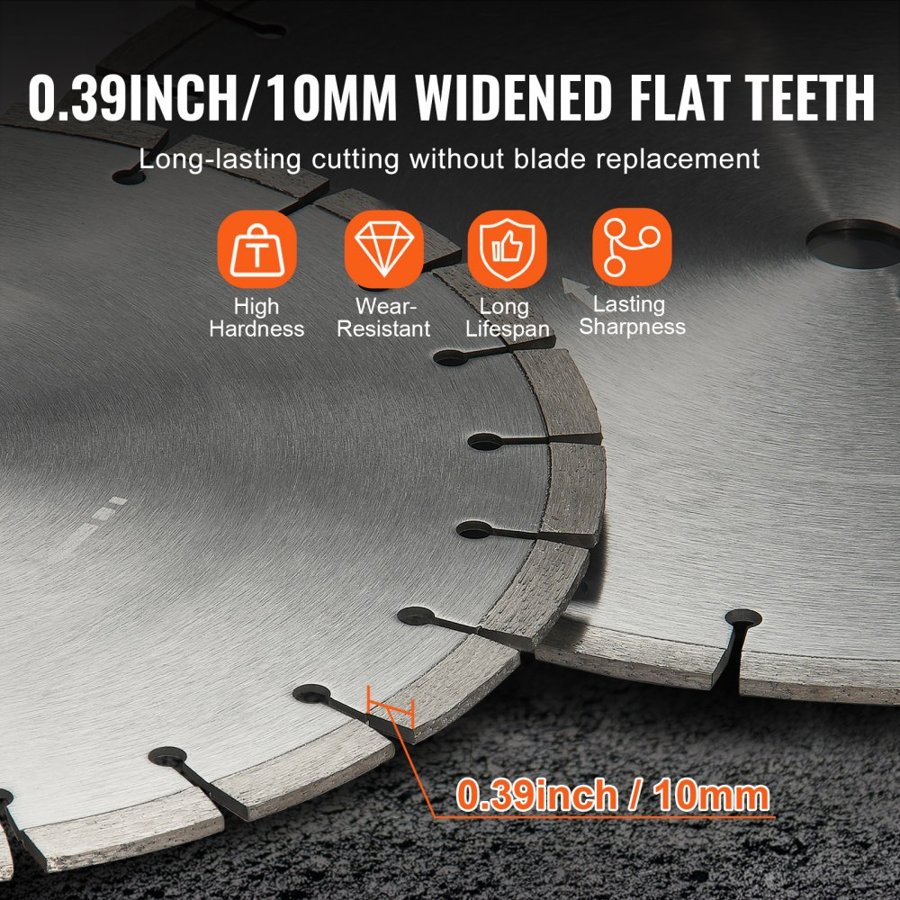VEVOR Diamond Blade, 14inch/350mm Concrete Saw Blade Wet or Dry, 0.39inch/10mm Flat Teeth Diamond Segment Blade, Universal 1 inch/25.4 mm Center Hole Diameter, for Concrete Cement Board Tile Brick