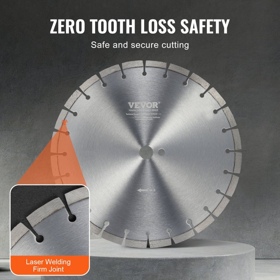VEVOR Diamond Blade, 14inch/350mm Concrete Saw Blade Wet or Dry, 0.47inch/12mm Flat Teeth Diamond Segment Blade, Universal 1 inch/25.4 mm Center Hole Diameter, for Concrete Cement Board Tile Brick