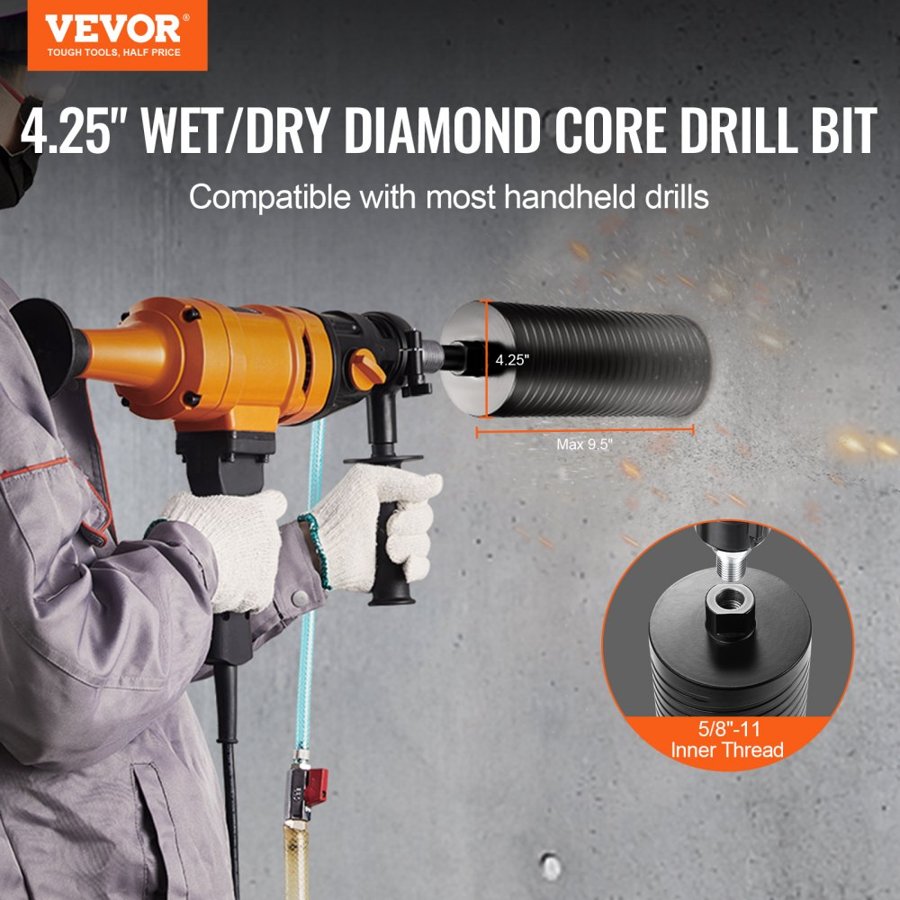VEVOR Core Drill Bit, 10.8 cm Wet/Dry Diamond Core Drill Bits for Brick and Block, Concrete Core Drill Bit with Pilot Bit Adapter and Saw Blade, 24.1 cm Drilling Depth, 1.6 cm-11 Inner Thread, Laser Welding