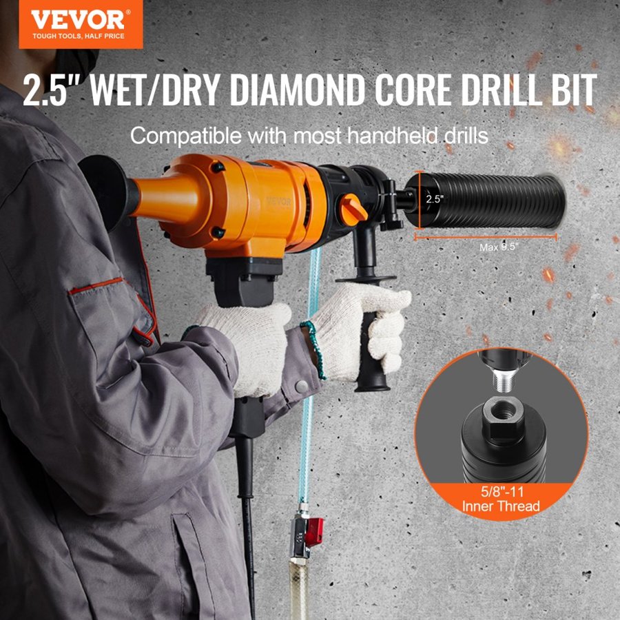 VEVOR Core Drill Bit, 6.3 cm Wet/Dry Diamond Core Drill Bits for Brick and Block, Concrete Core Drill Bit with Pilot Bit Adapter and Saw Blade, 24.1 cm Drilling Depth, 1.6 cm-11 Inner Thread, Laser Welding