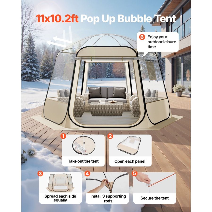 VEVOR Pop up Bubble Tent, 3.36 x 3.05 m Waterproof & UV-Resistant, Clear Camping Tent Shelter, Outdoor Garden Dome Igloo Tents with Windows, 540° Panoramic View, for 8-10 Persons Patio Backyard