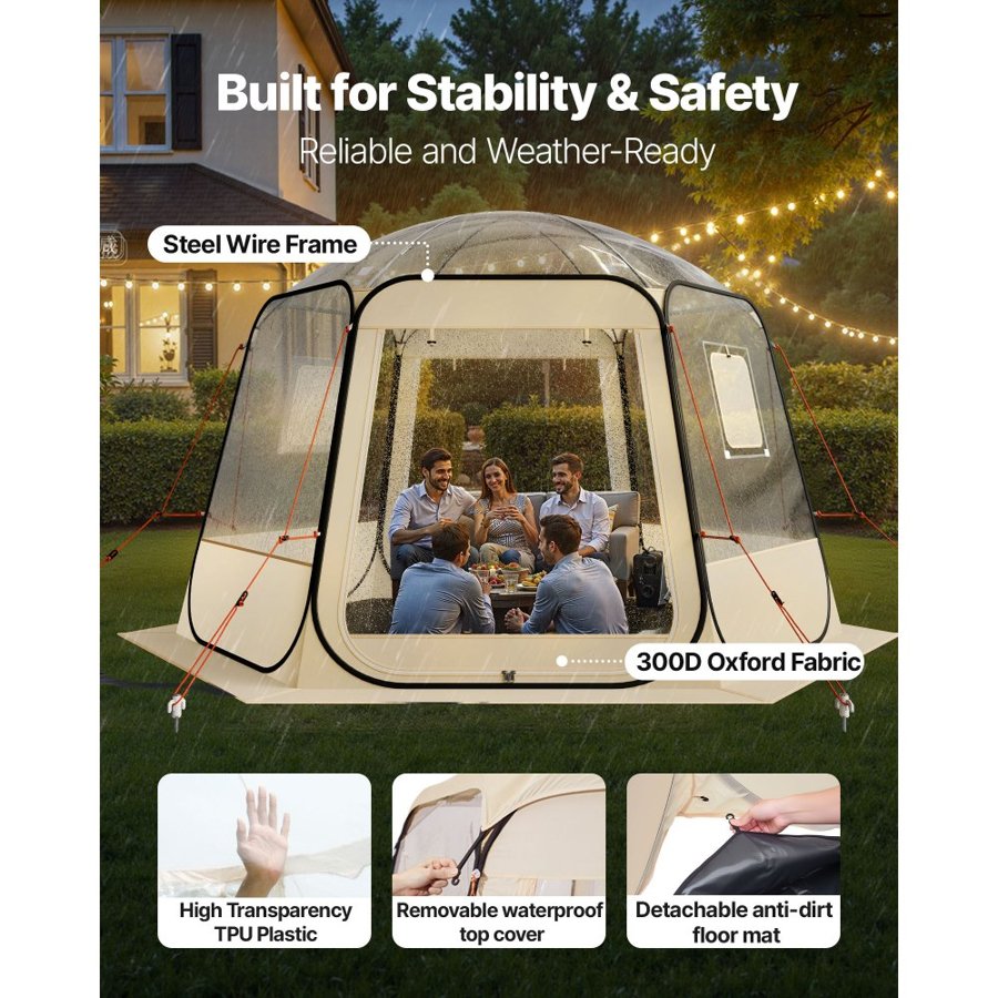 VEVOR Pop up Bubble Tent, 3.36 x 3.05 m Waterproof & UV-Resistant, Clear Camping Tent Shelter, Outdoor Garden Dome Igloo Tents with Windows, 540° Panoramic View, for 8-10 Persons Patio Backyard