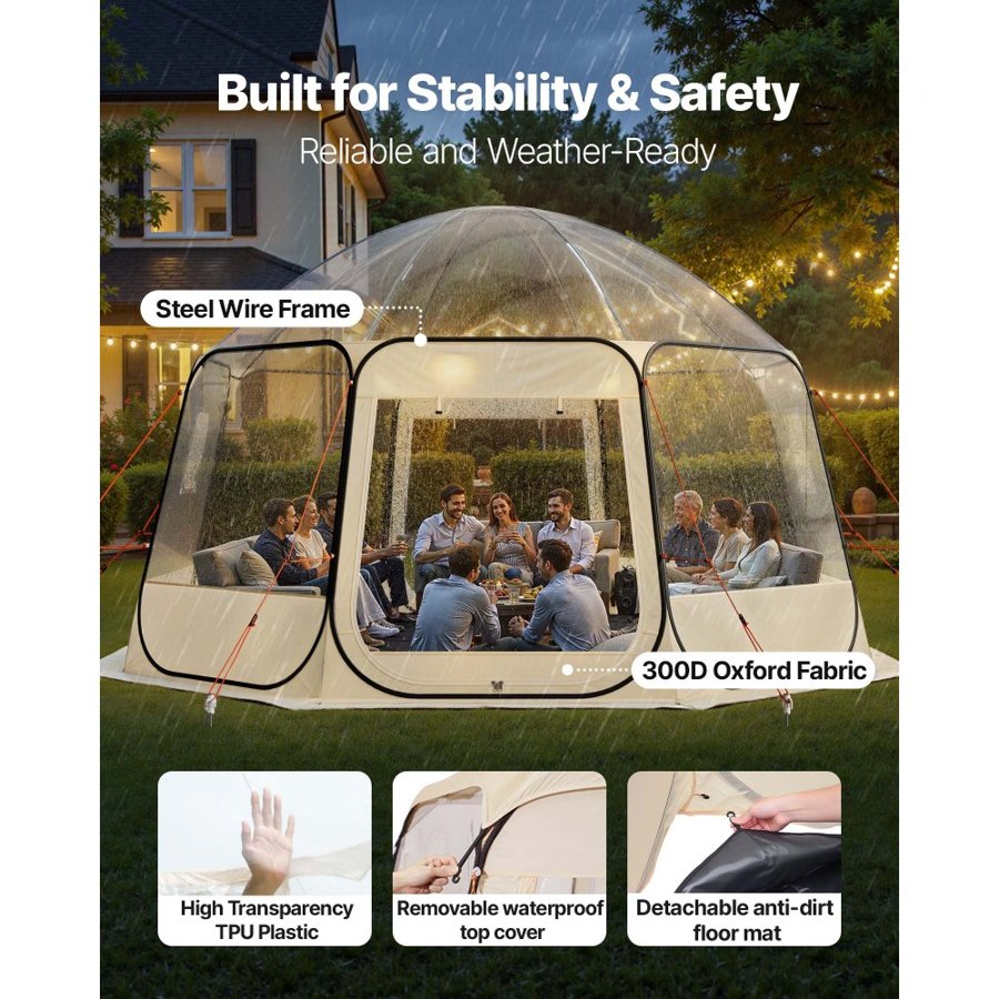 VEVOR Pop up Bubble Tent, 4.58 x 4.32 m Waterproof & UV-Resistant, Clear Camping Tent Shelter, Outdoor Garden Dome Igloo Tents with Windows, 540° Panoramic View, for 12-15 Persons Patio Backyard