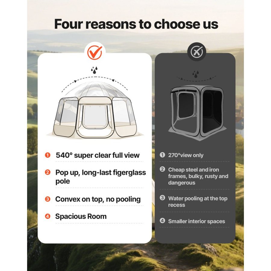 VEVOR Pop up Bubble Tent, 4.58 x 4.32 m Waterproof & UV-Resistant, Clear Camping Tent Shelter, Outdoor Garden Dome Igloo Tents with Windows, 540° Panoramic View, for 12-15 Persons Patio Backyard
