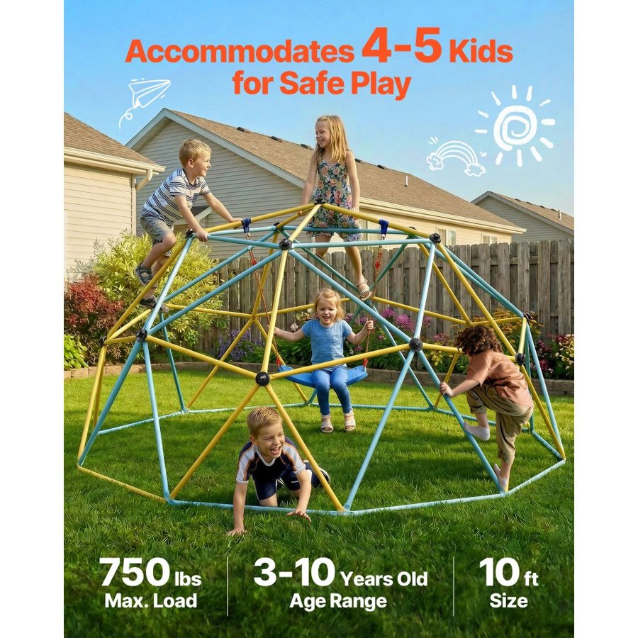 VEVOR Climbing Dome, 10FT Geometric Dome Climber with Hammock and Swing, for Kids 3 to 10 Years Old, Jungle Gym Supports 750LBS and Easy Assembly, with Climbing Grip, Outdoor Backyard Play Equipment