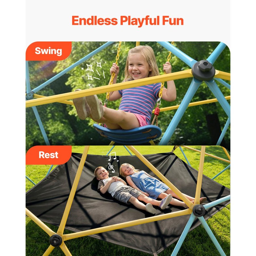 VEVOR Climbing Dome, 10FT Geometric Dome Climber with Hammock and Swing, for Kids 3 to 10 Years Old, Jungle Gym Supports 750LBS and Easy Assembly, with Climbing Grip, Outdoor Backyard Play Equipment