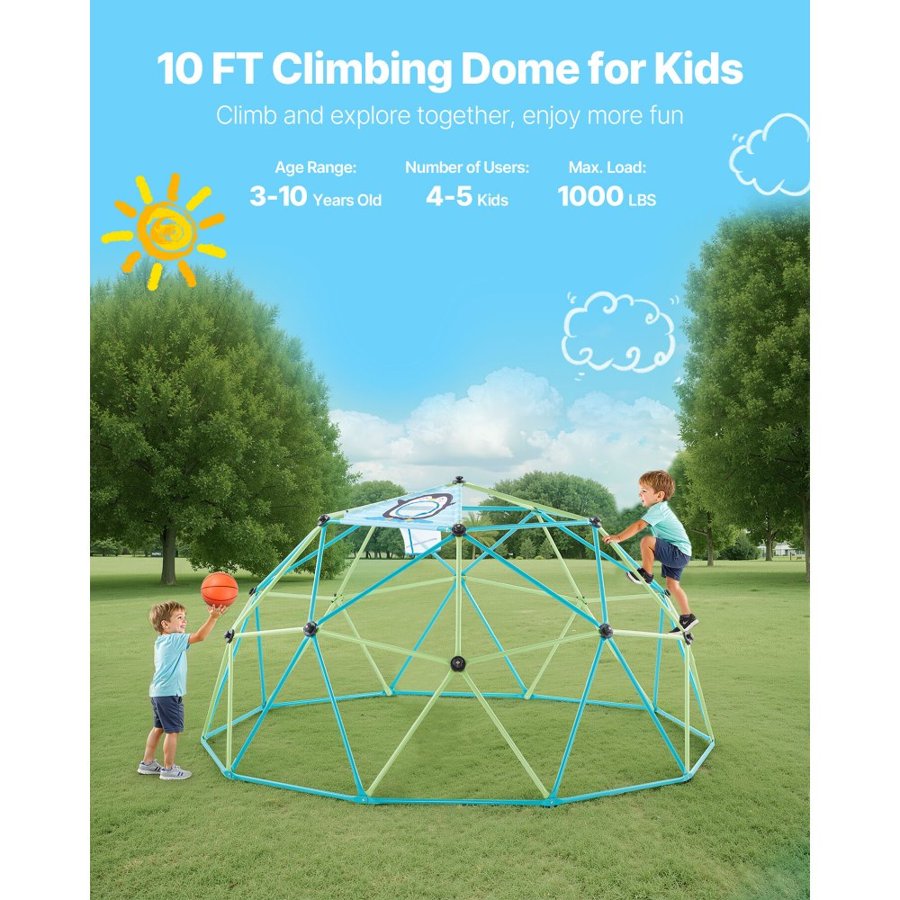 VEVOR Climbing Dome, 305cm Geometric Dome Climber for Kids, 453kg Loading Jungle Gym Playground with Octopus Net & 2 Basketballs, Easy-Assembly Outdoor Backyard Climbing Toys - Gift for Boys Girls