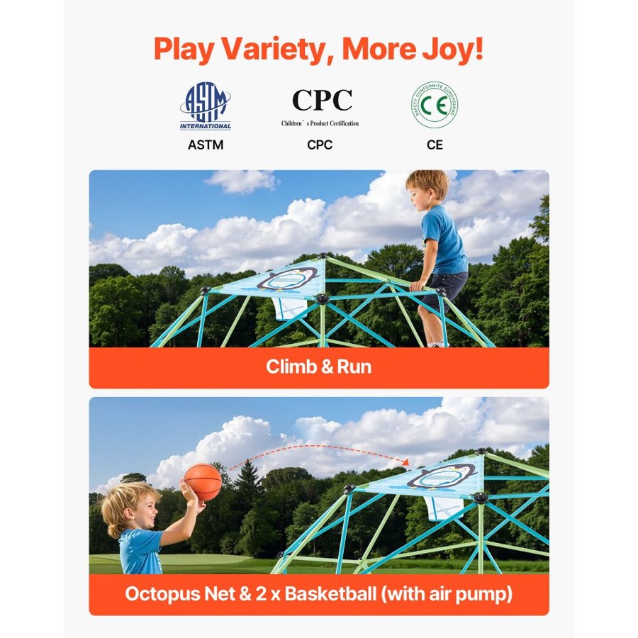 VEVOR Climbing Dome, 305cm Geometric Dome Climber for Kids, 453kg Loading Jungle Gym Playground with Octopus Net & 2 Basketballs, Easy-Assembly Outdoor Backyard Climbing Toys - Gift for Boys Girls