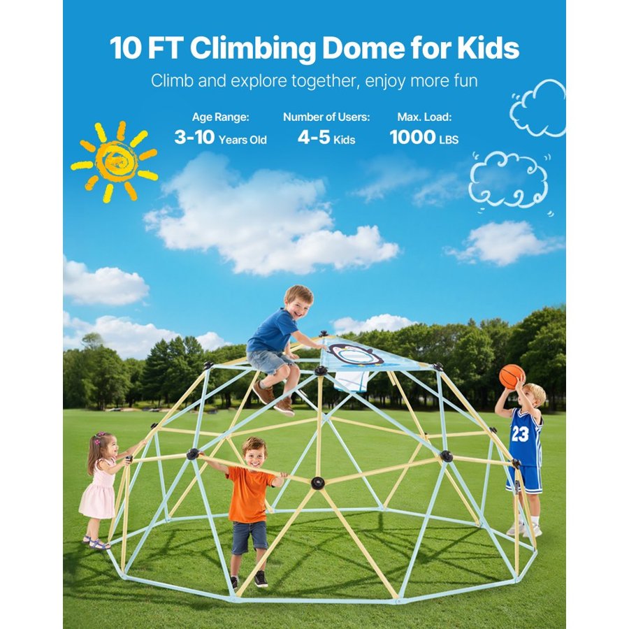 VEVOR Climbing Dome, 305cm Geometric Dome Climber, 453kg Loading Jungle Gym Playground with 2 Basketballs & Octopus Net, Easy-Assembly Outdoor Backyard Climbing Equipment for Kids 3 to 10 Years Old