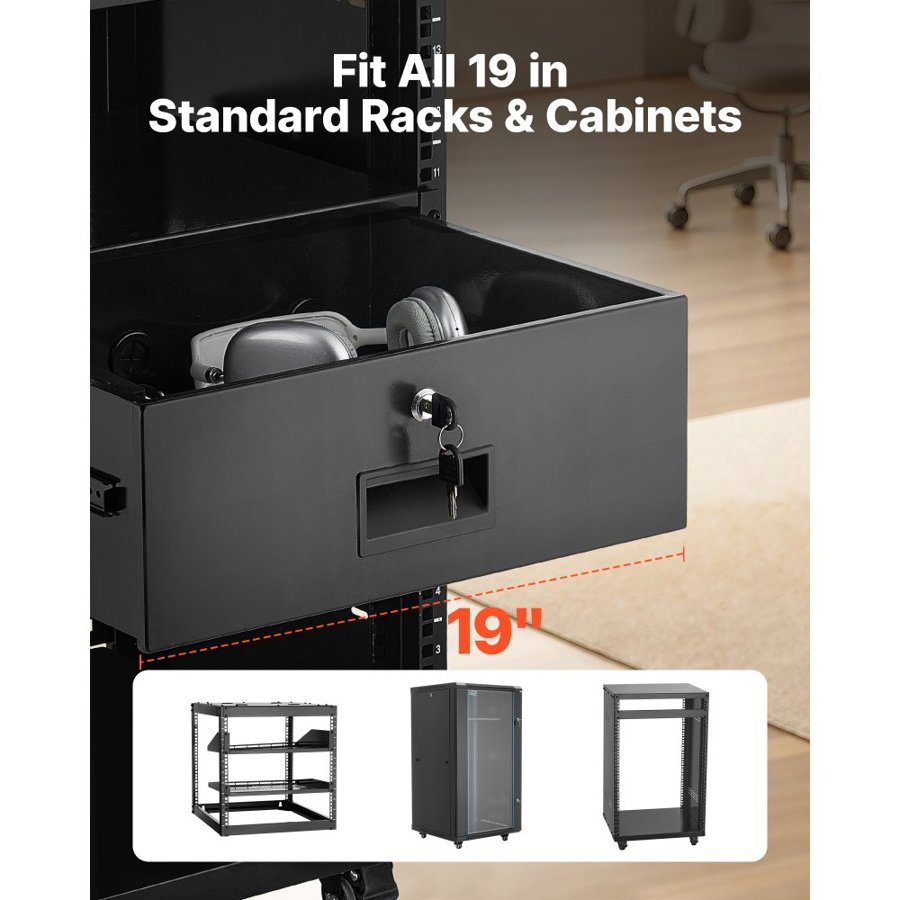 VEVOR 4U Rack Mount Drawer, 22.68 kg Max Load-Bearing, Lockable Server Cabinet Case, Sliding Drawer with Lock and Cable Management Holes, for Network Equipment Server AV Rack or Cabinet Enclosure