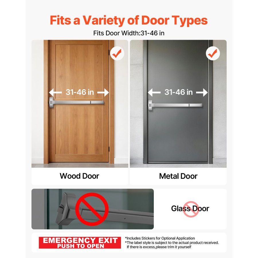 VEVOR Push Bar Panic Exit Device, 788 mm Stainless Steel Commercial Panic Bar for Exit Doors, Emergency Exit Door Hardware with Dual Locking Bolt and Sticker, for 788 mm-1168 mm Wood or Metal Door