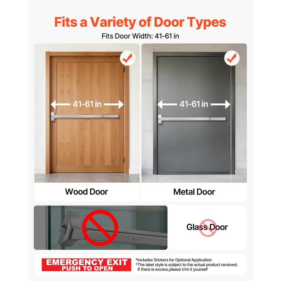 VEVOR Push Bar Panic Exit Device, 1045 mm Stainless Steel Commercial Panic Bar for Exit Doors, Emergency Exit Door Hardware with Exterior Lever Handle and 6 Keys, for 1045-1549 mm Wood or Metal Door