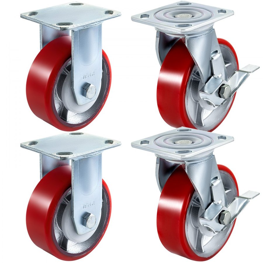 VEVOR 4 Pack 15.24 x 5.08 cm Caster Wheels 2 Rigid and 2 Swivel Casters with Side Brake Polyurethane Iron Core Plate 453.59 kg Capacity Per Wheel