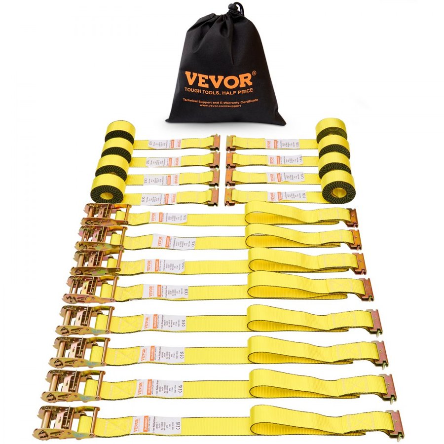VEVOR Ratchet Tie Down Straps (8PK), 1995.8 kg Break Strength, E-Track Endless Ratchet with 8 Premium 0.05 m x 4.6 m Rachet Tie Downs Heavy Duty, for Moving Securing Cargo, Appliances, Lawn Equipment