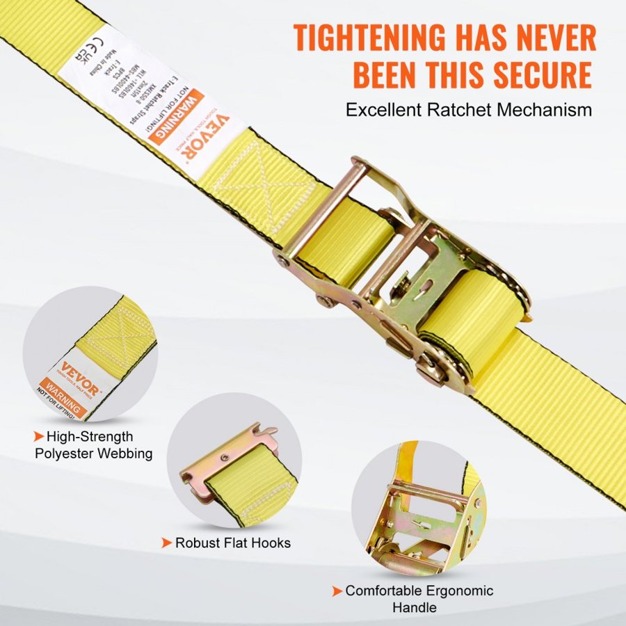 VEVOR Ratchet Tie Down Straps (8PK), 1995.8 kg Break Strength, E-Track Endless Ratchet with 8 Premium 0.05 m x 4.6 m Rachet Tie Downs Heavy Duty, for Moving Securing Cargo, Appliances, Lawn Equipment