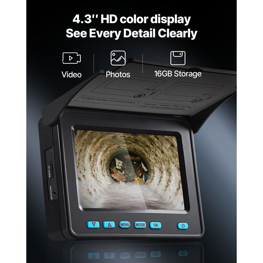 VEVOR HD Sewer Camera – 0.9-Inch, 120° Angle, 1080P, 98 Ft