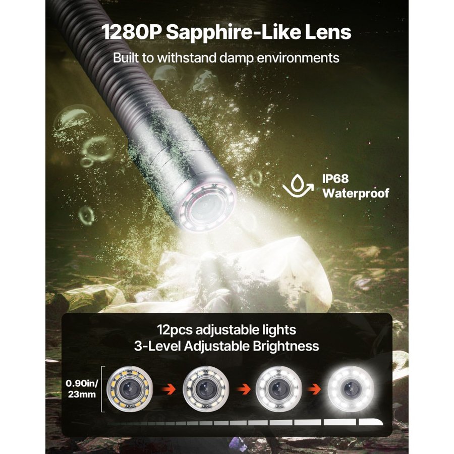 VEVOR HD Sewer Camera – 0.9-Inch, 120° Angle, 1080P, 98 Ft