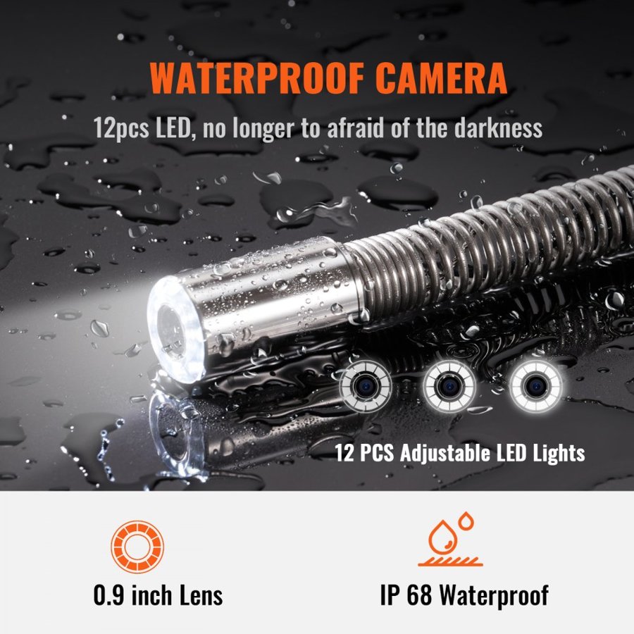 VEVOR Snake Camera with Light – 9" 720p Screen, 393 ft