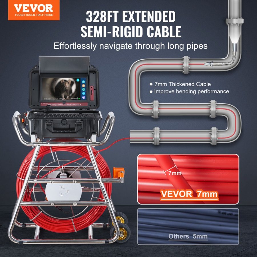 VEVOR Camera Drain Snake – 328 ft, 10.1" Touchscreen