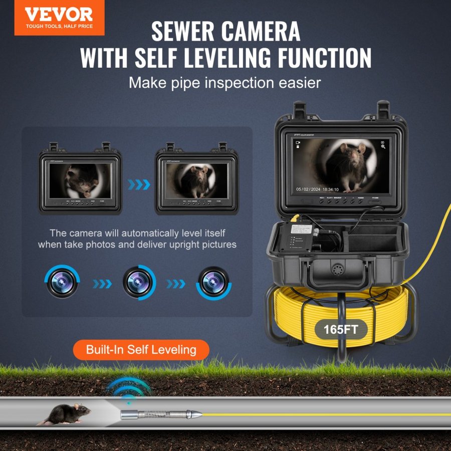 VEVOR Duct Inspection Camera – 165 ft, 9" Self-Leveling