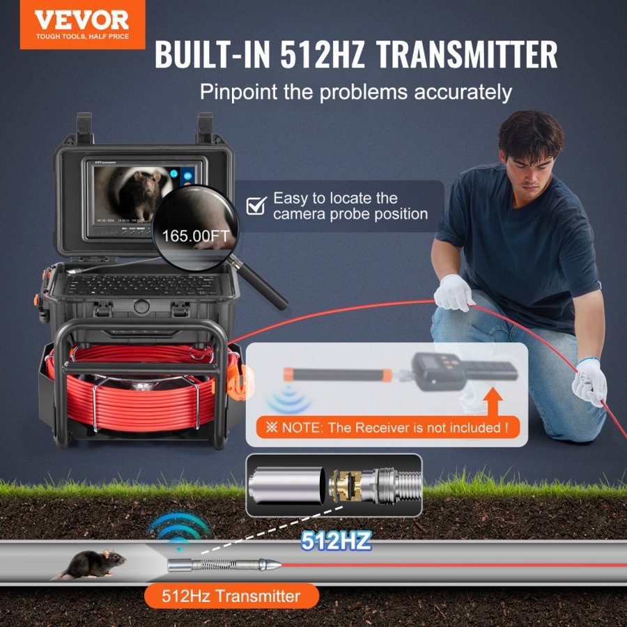VEVOR Drain Pipe Camera – 165 ft, 9" 512Hz Locating