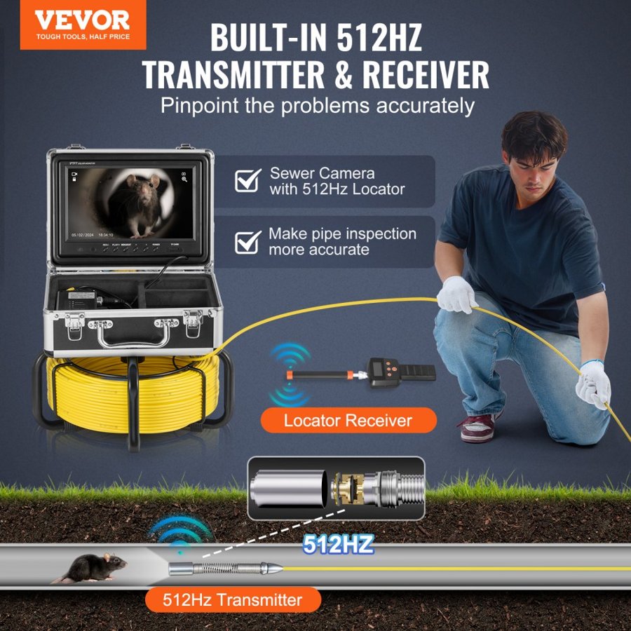 VEVOR Camera Snake with Light – 165 ft, 12 LED, 9" HD