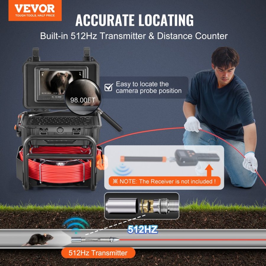 VEVOR Plumber Camera Snake – 98 ft, 9" 512Hz Locating
