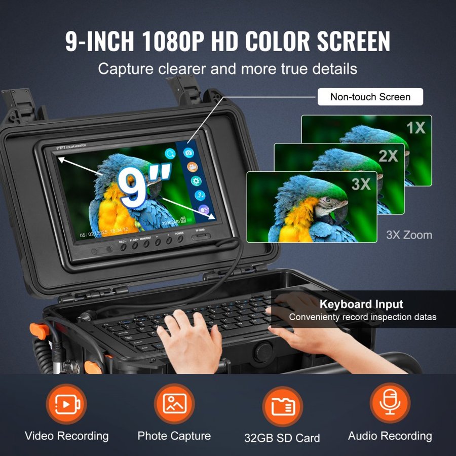 VEVOR Plumber Camera Snake – 98 ft, 9" 512Hz Locating