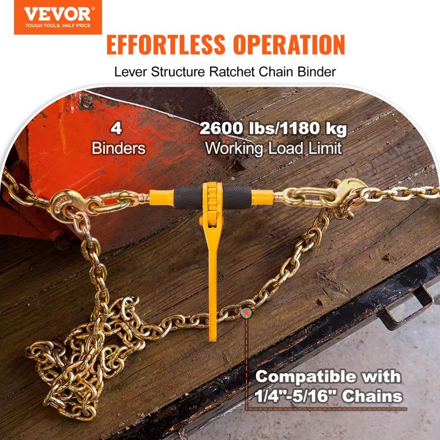 VEVOR sviras ķēdes savilcēji 1/4"–5/16", 2600 lbs drošā darba slodze, 4 gab. iepakojums kravas savilcējs, savilcēji platformas kravas auto piekabei
