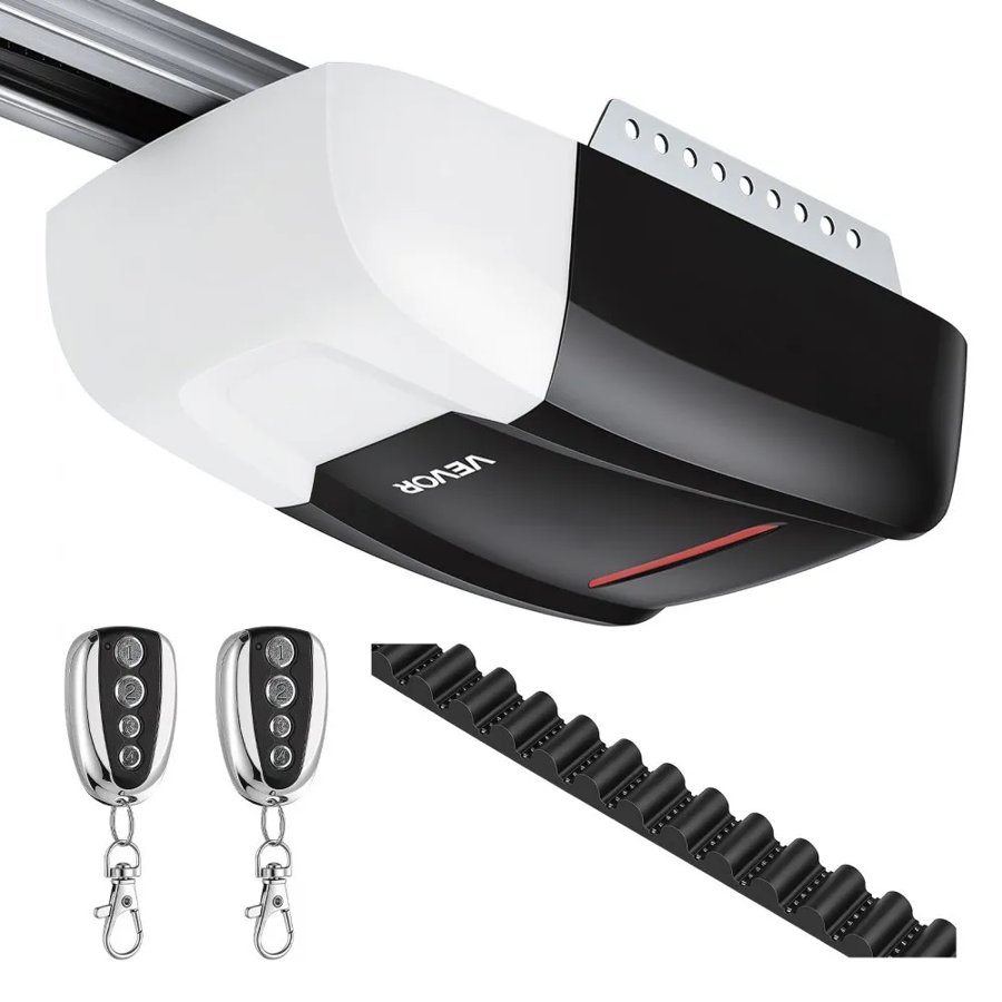 VEVOR Garage Door Opener 800N Pulling Force Ultra-Quiet Belt Drive Opener, for Residential Garage, Includes Durable 4-Section Rail, 2 Remotes & LED Lighting, One-Touch In-Car Control, Black & White