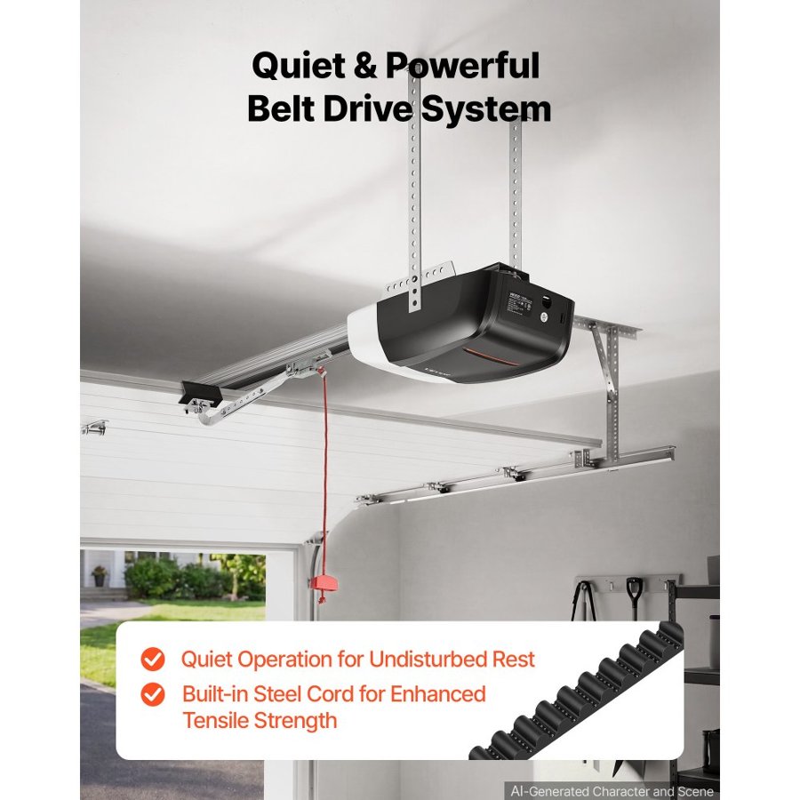 VEVOR Garage Door Opener 800N Pulling Force Ultra-Quiet Belt Drive Opener, for Residential Garage, Includes Durable 4-Section Rail, 2 Remotes & LED Lighting, One-Touch In-Car Control, Black & White
