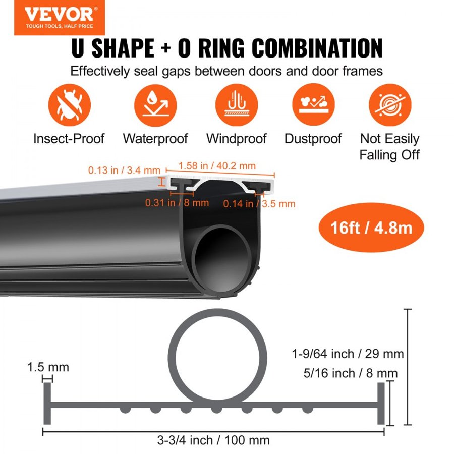 VEVOR Garage Door Seals Bottom Rubber, U Shape +O Ring Garage Door Bottom Weather Seal with Pre-drilled Aluminum Track Retainer Kit, 4.88 m 8 mm T-ends and 9.5 cm Width, for Doors, Black