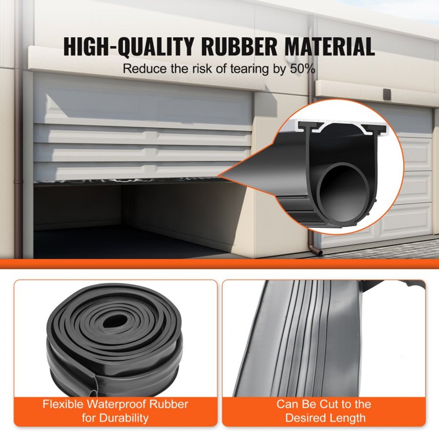 VEVOR Garage Door Seals Bottom Rubber, U Shape +O Ring Garage Door Bottom Weather Seal with Pre-drilled Aluminum Track Retainer Kit, 4.88 m 8 mm T-ends and 9.5 cm Width, for Doors, Black
