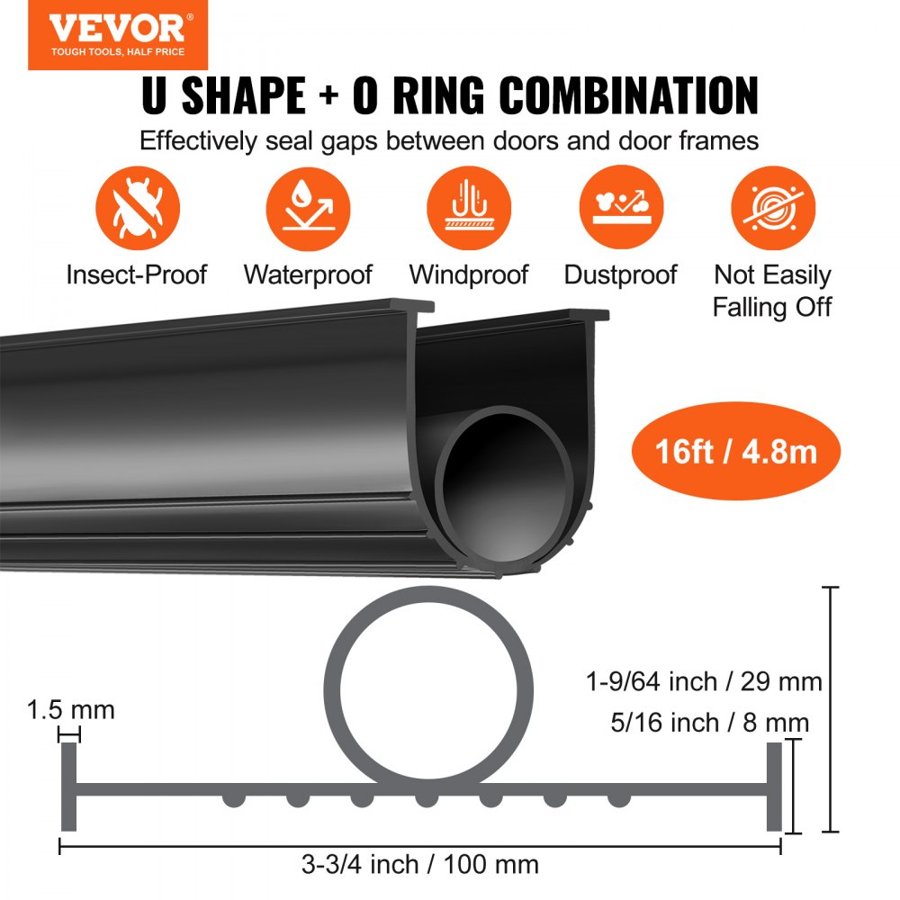 VEVOR Garage Door Seals Bottom Rubber, U Shape +O Ring Combination Garage Door Bottom Weather Seal, 4.88 m Weatherproofing Garage Door Seal, 8 mm T-ends and 9.5 cm Width, for Doors, Black
