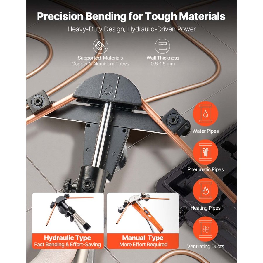 VEVOR Hydraulic Tubing Bender Kit, 6 mm to 22 mm, Copper Tube Pipe Bender, HVAC Bending Tool Set, 90° Bend, with 7 Aluminium Alloy Dies, for HVAC Air Conditioning Refrigeration Automotive Auto Repair