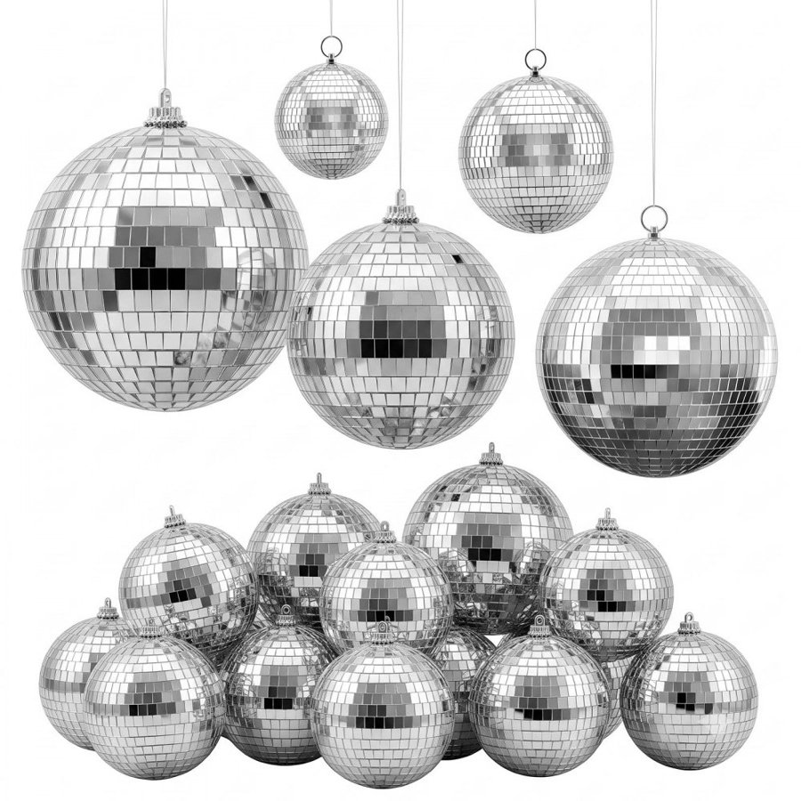 VEVOR Mirror Disco Ball 80/100/150/200/300 mm 17-Pack with Hanging Ring, for Party Home Decoration Stage Props DJ Dance Club, 2 Mirror Tile Sizes, Reflects Light, Wedding Birthday Decor, Silver