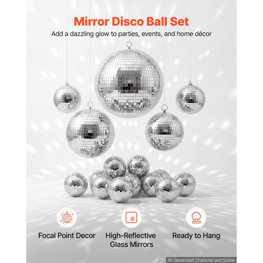 VEVOR Mirror Disco Ball 80/100/150/200/300 mm 17-Pack with Hanging Ring, for Party Home Decoration Stage Props DJ Dance Club, 2 Mirror Tile Sizes, Reflects Light, Wedding Birthday Decor, Silver