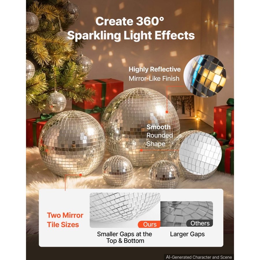 VEVOR Mirror Disco Ball 80/100/150/200/300 mm 17-Pack with Hanging Ring, for Party Home Decoration Stage Props DJ Dance Club, 2 Mirror Tile Sizes, Reflects Light, Wedding Birthday Decor, Silver
