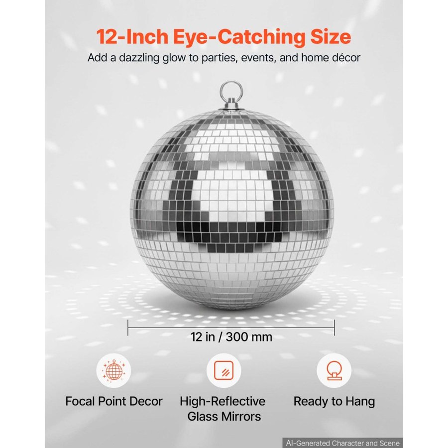 VEVOR Glass Mirror Disco Ball – 300 mm Silver, Hanging Ring