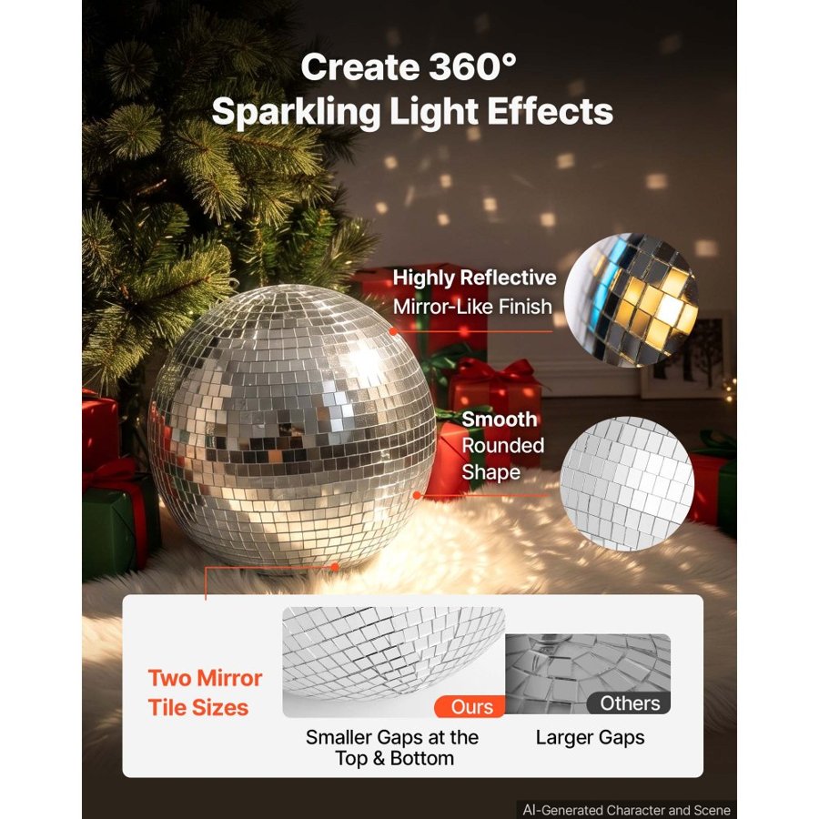 VEVOR Glass Mirror Disco Ball – 300 mm Silver, Hanging Ring
